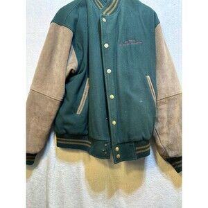 Luna Pier Green & Brown Leather Sleeves   Quilted Lining Varsity Jacket XL